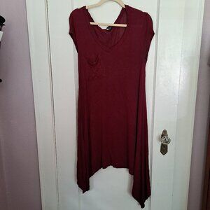 Burgundy V-Neck High Low / Handkerchief Hem Casual Short Sleeve Dress